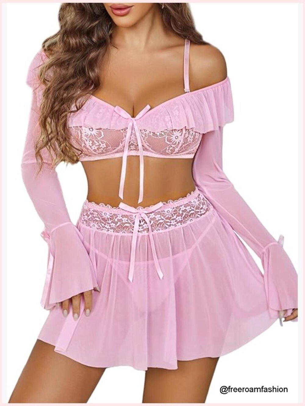Sheer Mesh Off Shoulder Lingerie Set with Ruffle Skirt 3 Piece Medium